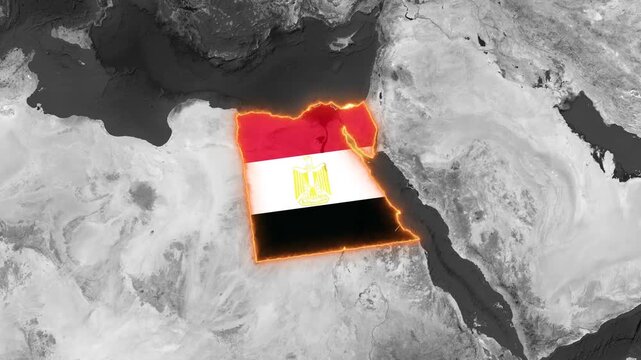 3D Dark Satellite Map Animation Highlighting Egypt with Flag Texture and Waving National Flag