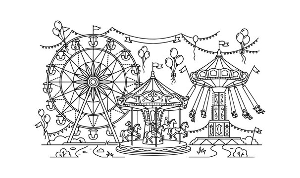 Black and white hand drawn sketch of a festive holiday circus tent with decorative stars and ornate patterns for winter party design isolated on transparent background, Vector