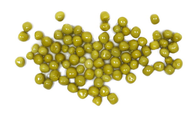 Boiled green peas pile isolated on white background, top view
