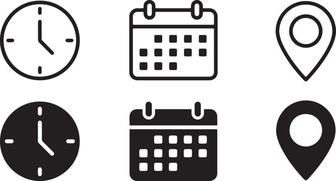 Minimalist set of interface icons featuring clock, calendar, and location pin symbols in a flat black and white line art design