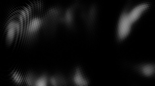 Monochrome halftone mesh grid background with abstract glowing light spots and moire pattern effect