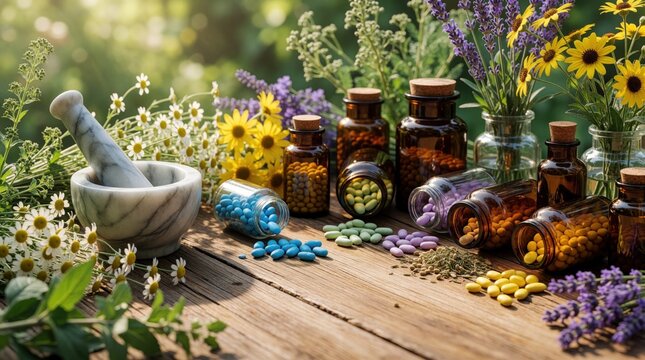 Mortar stone grinding natural herbs on wooden table, brown glass bottles with spilled traditional pills scattered together with daisy flowers, purple green plants, modern medicine meets healthy