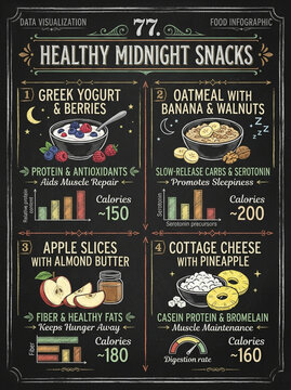 Healthy Midnight Snacks Infographic on Vintage Chalkboard with Nutritional Facts and Food Illustrations
