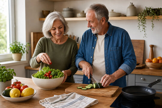 Senior couple preparing a healthy lunch together at home