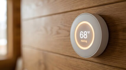 Fototapeta premium Smart thermostat on a wood-paneled wall showing 68 degrees Fahrenheit and heating mode.