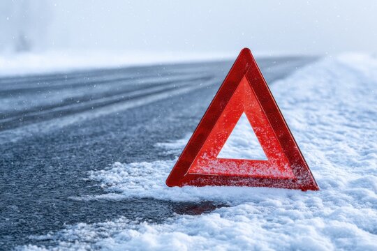 A red reflective emergency warning triangle stands on a snow-covered roadside, surrounded by patches of snow and wet asphalt under a pale winter sky with falling flakes