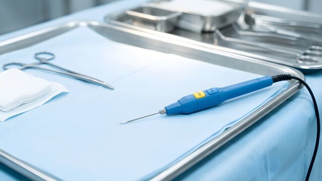 Surgical instruments including a cautery pen, forceps, and gauze laid out on a sterile tray with a blue medical cloth cover.