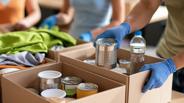 Group of volunteers sorting food, clothing and essential supplies into cardboard donation boxes, humanitarian aid, philanthropy, charity warehouse, community support,