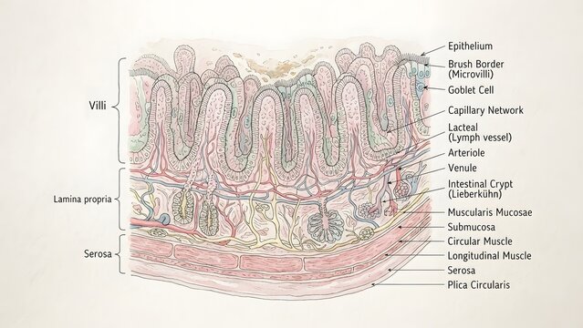 Detailed illustration of the cross-section of the intestinal villi showing epithelium, goblet cells, lacteal, capillary network, and layers of the intestinal wall.