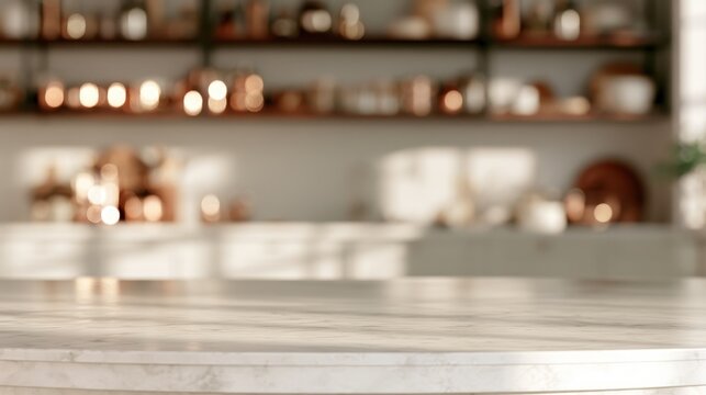 Minimal white marble desk surface with warm bokeh lights, ideal for template-ready product photography