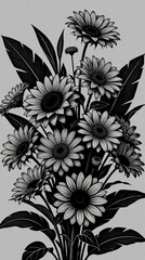 Fototapeta premium Black line art drawing of flower bouquet. Minimalist floral blossom pattern with daisy, sunflower style blooms. Elegant monochrome botanical design on grey background. Creative graphic illustration