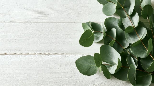 Minimalist eucalyptus leaves arrangement on rustic white wood background