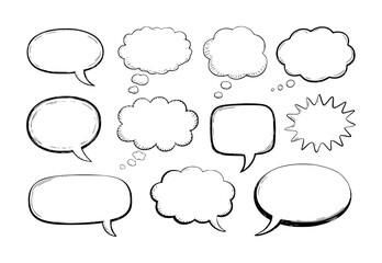 Fototapeta premium A collection of hand-drawn speech and thought bubbles isolated on a white background for comic book