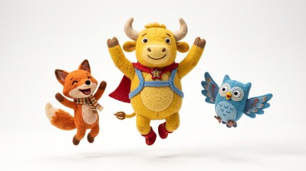 Fototapeta premium Handcrafted felt animal toys jumping in air, cute plush fox bull and owl characters, soft textile nursery decor on white background