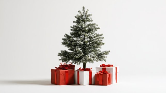 Minimalist Holiday Scene: Evergreen Tree with Red and White Wrapped Presents on White Backdrop