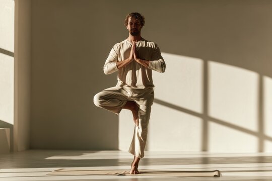 Minimalist home yoga session: man in a tree pose bathed in natural light