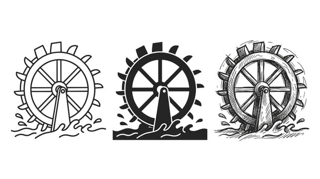 Set of Water Wheels Rotating in River Waves in Three Graphic Styles