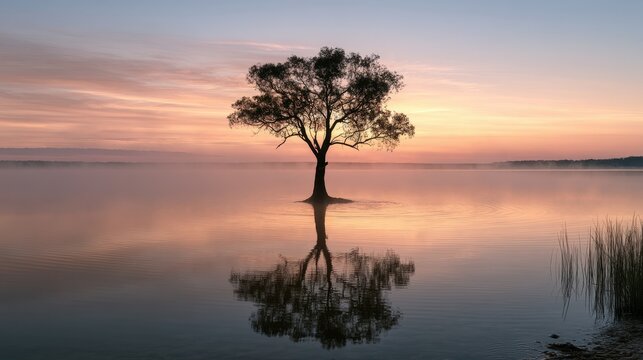 Minimalist Landscape: Tree Standing in Glassy Water at Sunrise