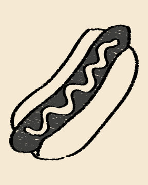 Hand Drawn Hot Dog with Sausage and Mustard in Rough Sketch Style on Beige Background