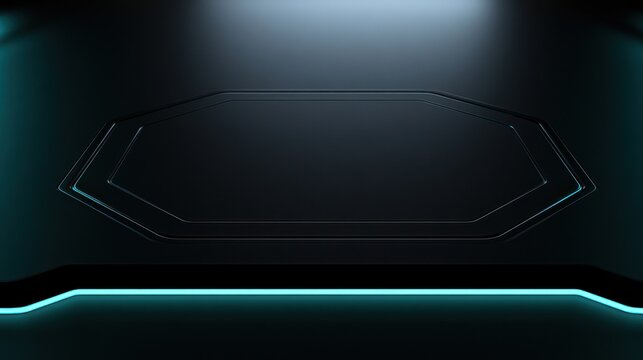Minimalist tech banner with a raised hexagon and turquoise illuminated trim on a black matte surface