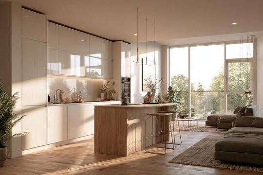 Minimalist urban apartment interior with open-plan living and sleek kitchen design