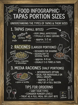 Spanish Tapas Portion Sizes Infographic Guide on Chalkboard Background with Hand Drawn Food Illustrations
