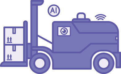 Naklejka premium Purple Autonomous Forklift Icon. Vector Illustration. Unmanned Warehouse Vehicle That Lifts, Transports, and Places Loads on Its Own. Camera, Wi-Fi, and Artificial Intelligence. Autonomous Logistics