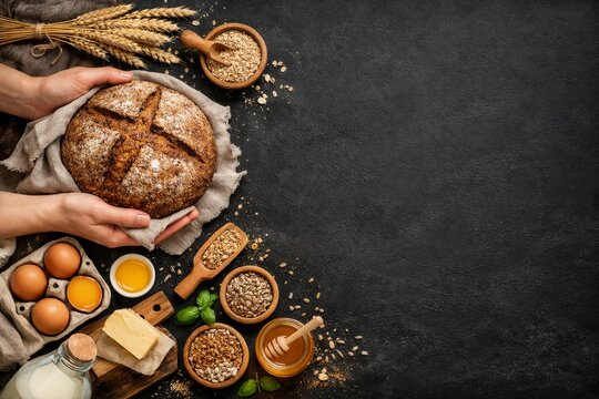Artisan bread and baking ingredients on dark board with grains eggs butter and honey for bakery background and recipe layout