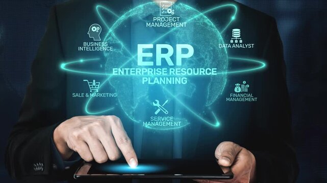 ERP platform visual showing centralized system for enterprise resource planning, improving integration, data flow, business efficiency, finance, inventory, and human resources. Muxer