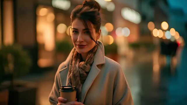 Paris, France, Europe. A portrait of a woman standing on a wet street at night, illuminated by the warm glow of city lights. She wears a beige coat and a brown scarf.