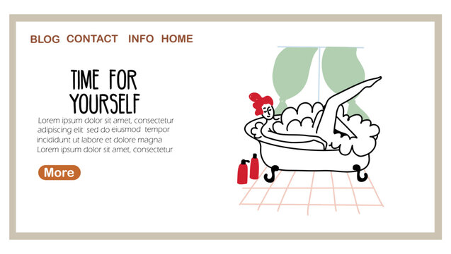 Personal hygiene, time for self concept for landing page with girl taking a bath, hand-drawn line simple vector illustration.