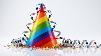 Fototapeta premium Rainbow striped party hat sits amid scattered confetti and silver streamers. Festive cone accessory, bright celebration for birthdays, anniversaries, and holidays.