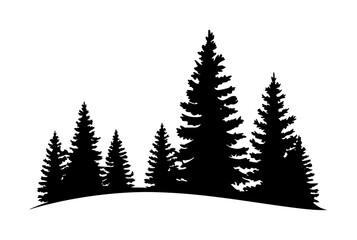 A minimalist black silhouette of a pine forest landscape isolated on a clean white background for use © Tawsif