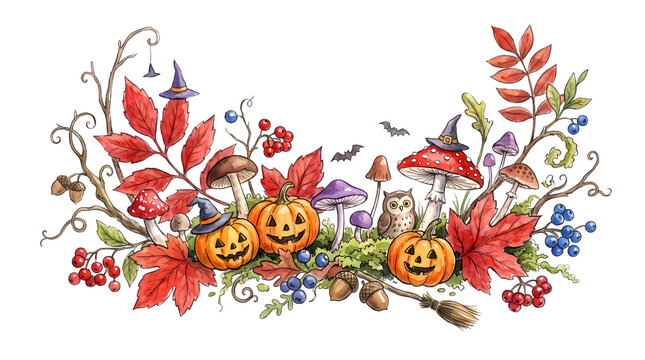 Halloween decorative border with pumpkins mushrooms owl witch hats and autumn leaves.