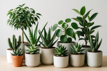 Fototapeta premium Assortment of houseplants including cactus and succulents in pots arranged on a table. Modern, minimalist indoor green plants decor showcasing botanical variety.