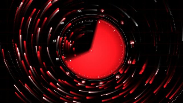 Red digital radar clock interface with circular motion background