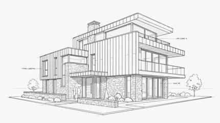 Fototapeta premium Modern house architectural sketch with stone cladding and zinc panels.