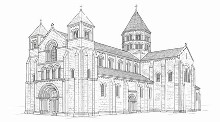Obraz premium Romanesque cathedral line art illustration with towers and stone masonry