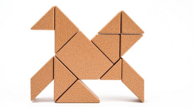 Wooden puzzle pieces form bird shape on white background. Geometric tangram blocks create animal figure through creative play. Minimalist toy design for logic game, kids learning, brain training