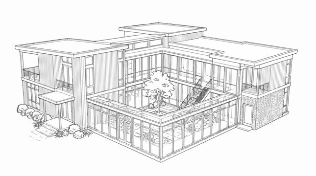 Modern Luxury House Architectural Sketch with Interior Courtyard Tree