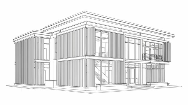 Modern luxury house architectural wireframe 3D model line art sketch