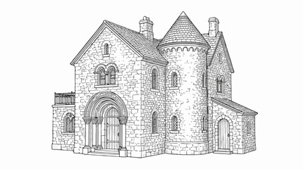 Obraz premium Medieval stone manor house coloring page with turret and arched door