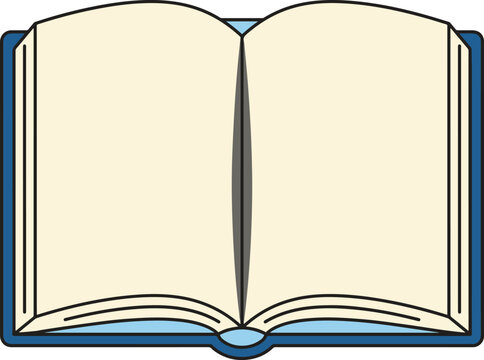 A flat-style vector illustration of an open book with a blue cover and cream-colored blank pages, viewed from a front angle. Perfect for education, literature, reading, and template mockup designs.
