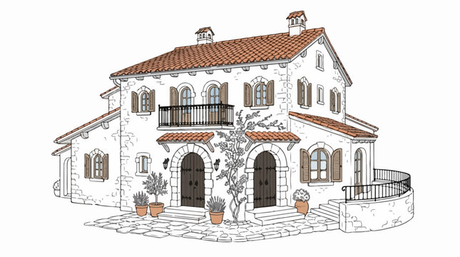 Hand-drawn Mediterranean stone villa with terracotta roof and balcony