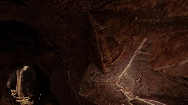 The scene shows a view of rock art inside a cave. The drawings on the walls show signs of age. Natural light comes from the cave entrance highlighting the art.