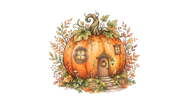 Magical pumpkin house adorned with autumn leaves and vines for enchanting holiday designs.