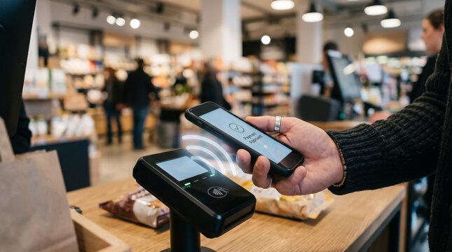 Contactless payment with smartphone in a grocery store modern technology and retail