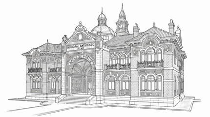 Fototapeta premium Victorian Style Municipal Bathhouse Line Drawing Illustration for Coloring