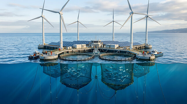 Integrated offshore renewable energy farm with aquaculture facilities and wind turbines