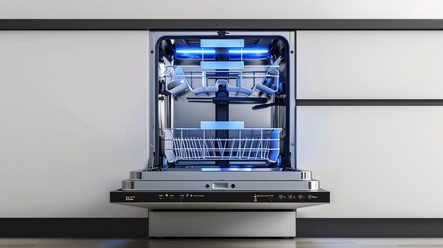 Open Dishwasher with Blue Illumination Against White Background and Dark Outline